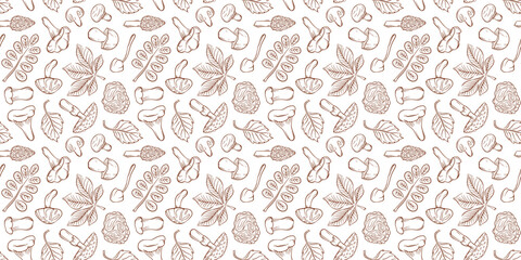 Fototapeta premium Hand drawn seamless pattern with line art style forest mushroom and leaf. Autumn harvest and nature concept illustration for fabric, paper.
