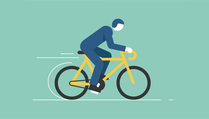 Fototapeta premium Graphic vector illustration of a man riding a yellow road bicycle fast isolated on a solid green background.