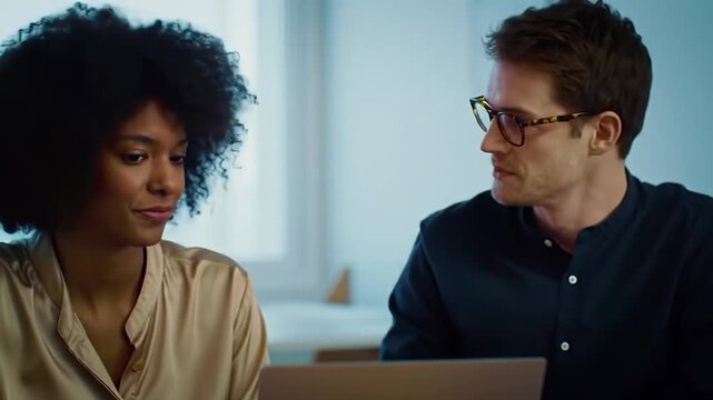 Two diverse colleagues analyze data on a laptop, collaborating on a digital project. Concept for teamwork, business strategy, modern office productivity, and innovative problem-solving in a corporate.