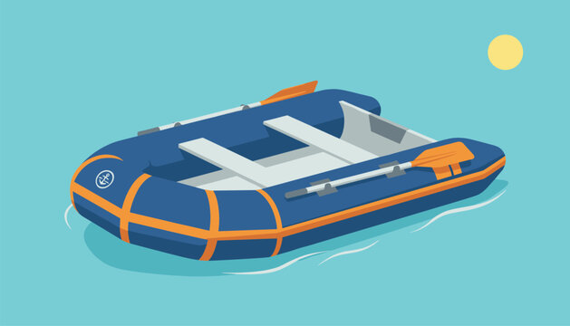 Blue inflatable rubber raft boat with oars floating on calm turquoise sea water under a hot yellow sun.