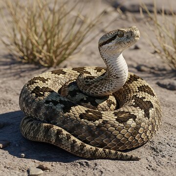 Close up of a venomous rattlesnake coiled in desert.