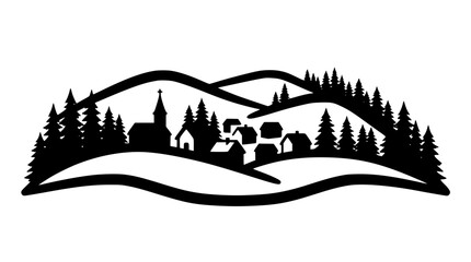 Fototapeta premium Mountain Village Silhouette with Forest and Hills