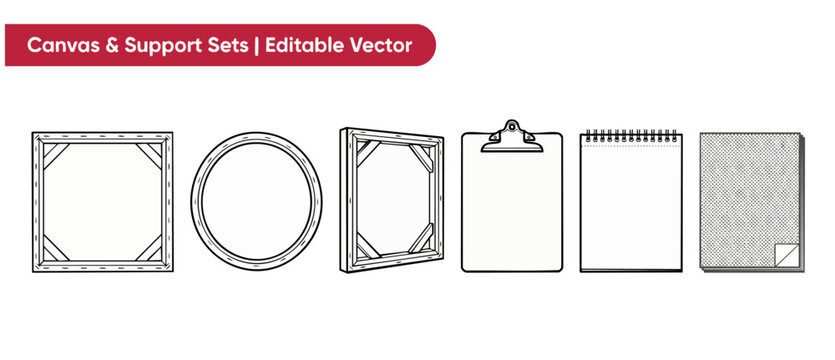 Canvas frame mockup vector set with blank sketchbook, clipboard, and stretched painting canvas boards for art design presentation and creative studio sketching projects, black thin line illustration.