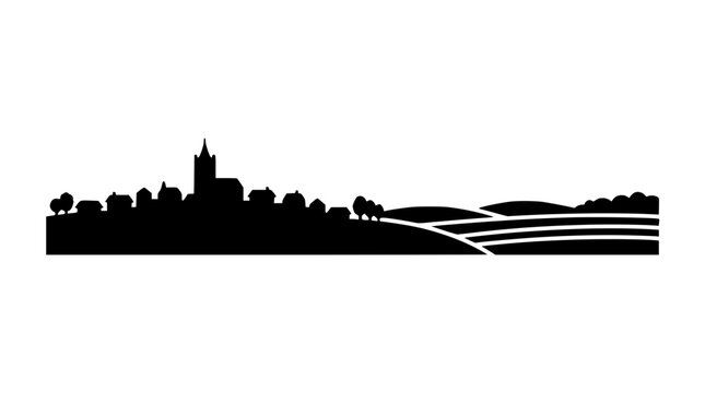 Black silhouette of a small town and rural landscape