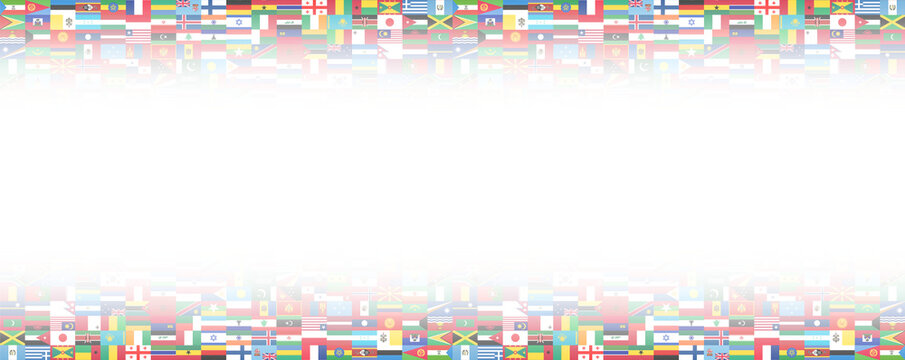 International World Flags Blurred Frame Border, Decorative Multi-Country Flag Pattern Rectangular Frame with Soft Gradient Inner Vignette and Blank White Copyspace Center Graphic Layout View