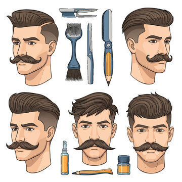 Men's grooming and haircut styles with professional barber tools