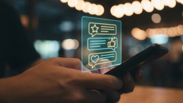 Social Media Feedback and Customer Rating Concept: Floating Holographic Chat Bubbles with Star Icons, Thumbs-up, and Heart Badges above Blurred Smartphone