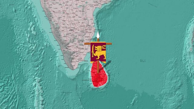 Animated flag of Sri Lanka waving over the island nation in a geographical map clip