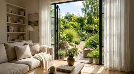 Fototapeta premium Inviting living room with open doors leading to a lush green garden.