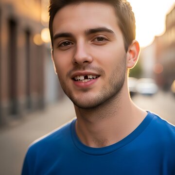 Portrait of a Young Man with Missing Tooth Smiling on City Street.