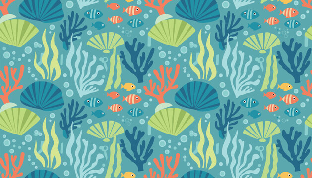 Beautiful underwater seamless pattern with seashells seaweed colorful coral reefs and tiny swimming fish on teal background.