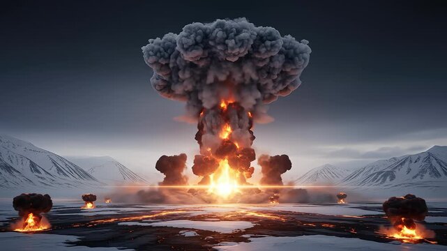 Epic volcanic eruption in snowy landscape with dramatic smoke and lava explosion