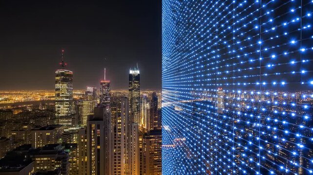 Dynamic fusion of urban architecture and digital innovation, illustrating a modern city evolving into a connected smart metropolis with advanced technology networks
