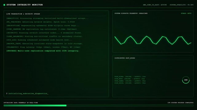 System Integrity Monitor AWS Live Transaction Security Stream Distributed Node Telemetry Dashboard Animation.