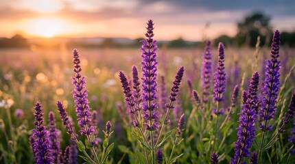 Fototapeta premium Beautiful purple salvia plants blooming in meadow during golden hour sunset light glow.