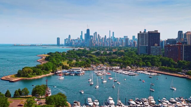 Scenic view of Michigan lakefront in Chicago, Illinois, USA. Flight over harbor with vessels surrounded by lush greenery.