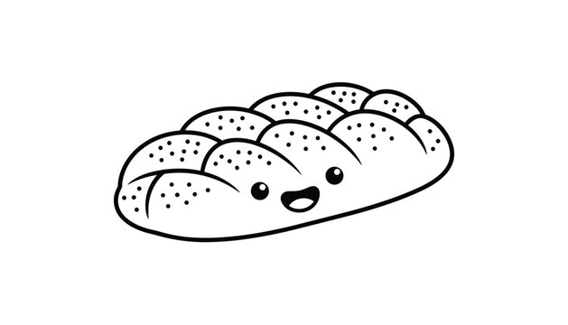 Adorable black and white cartoon of a happy smiling braided challah bread loaf isolated on a white background.