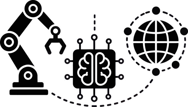 A robotic arm interacts with a microchip brain connected to a globe network.