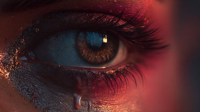 Extreme close up captures a human eye shedding a single tear amidst dramatic lighting