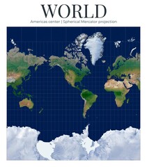 World Map. Spherical Mercator projection, conformal cylindrical navigation view. High detail physical satellite imagery with relief topography. © Eugene Ga