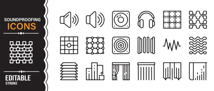 Soundproofing outline icon set with noise barrier acoustic panel and audio control symbols vector
