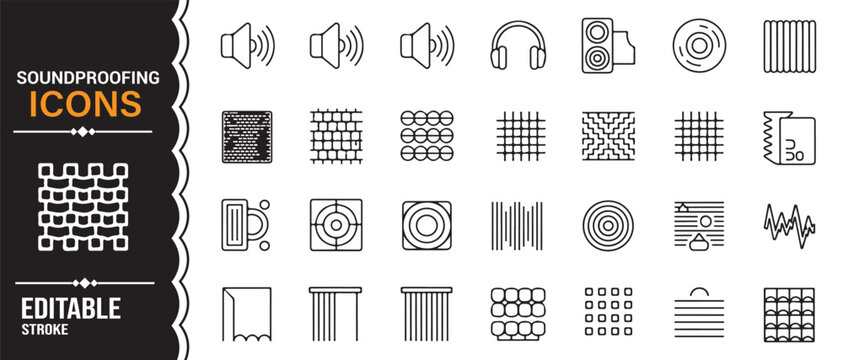 Acoustic treatment and sound control line icons pack with soundproofing symbols editable vector design