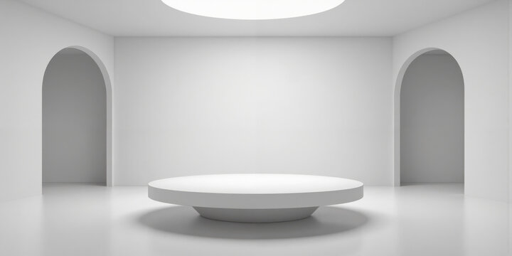 Minimal White Background Studio with Floating Circular Pedestal A futuristic photo set consisting of a single round platform, appearing
