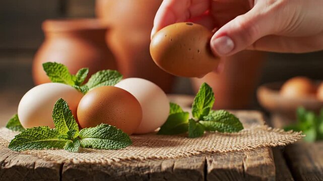 Close-up of a hand picking fresh organic farm eggs with mint leaves on rustic burlap, emphasizing natural ingredients, healthy cooking, sustainable food, and a nutritious lifestyle.