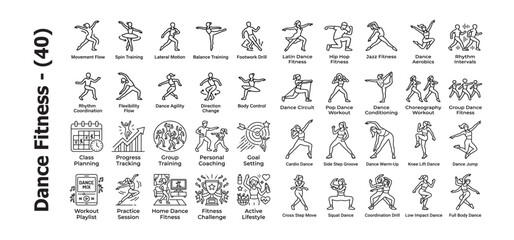 Naklejka premium Dance fitness icons set movement flow training coordination and active lifestyle illustrations