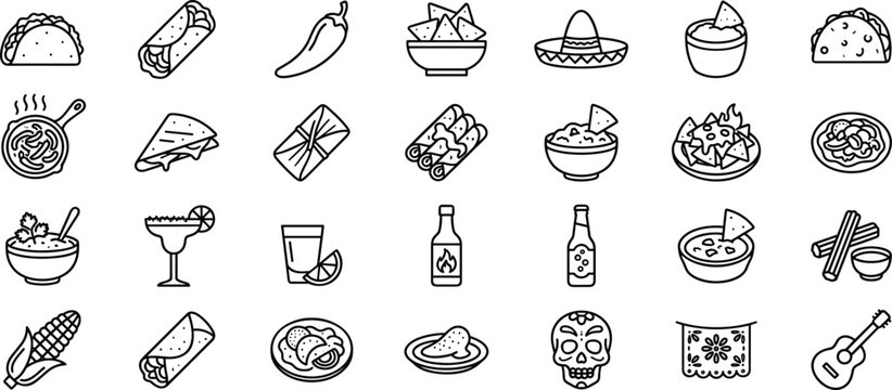 Mexican food and culture icons set featuring traditional cuisine tacos nachos tequila skull and guitar line art.