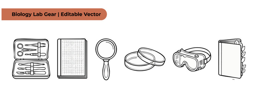 Biology lab gear vector icons set with dissection kit, grid notebook, magnifying glass, petri dish, safety goggles, and herbarium book for science, education, classrooms, and research design projects.