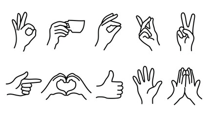 Fototapeta premium Minimalist Hand Gestures Collection Set Featuring Expressive Palm Poses and Sign Language Symbols Drawn with Clean Black Outlines on White