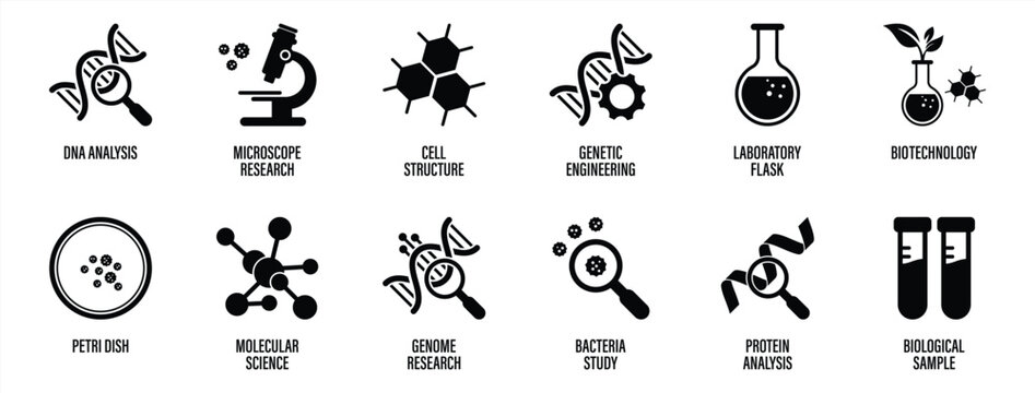 Biological Research Icon Set &ndash; DNA Genetics Biotechnology and Laboratory Science Symbols Collection