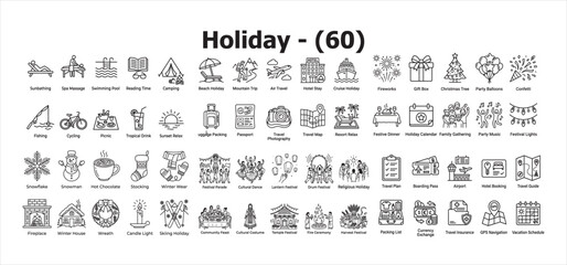 Fototapeta premium Holiday icons collection vector graphics for seasonal celebrations travel and winter activities