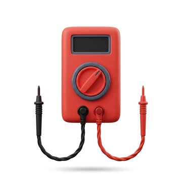 Stylized 3D digital multimeter with black and red probes isolated on a plain white background