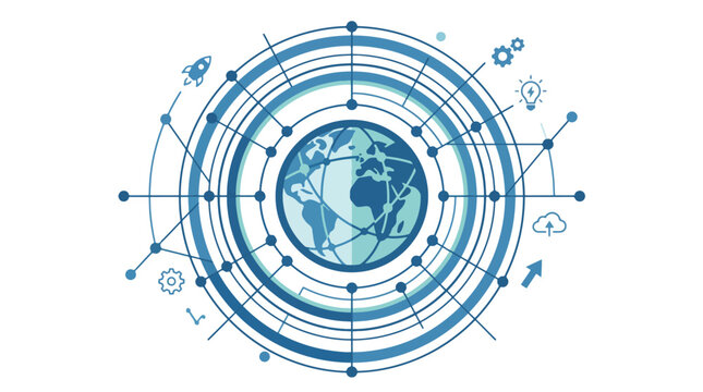 Abstract Global Network Connectivity Concept with Digital World Globe and Technological Communication Icons on Blue Background