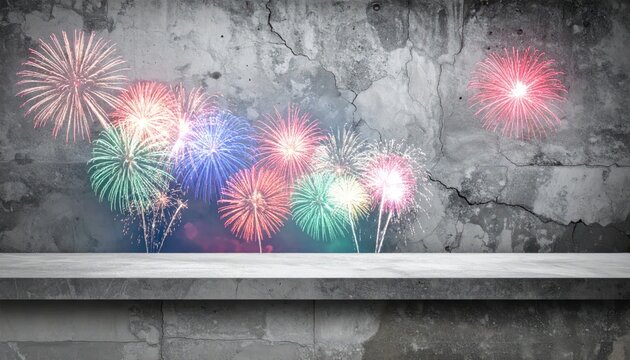 Colorful fireworks exploding against dark concrete wall background.