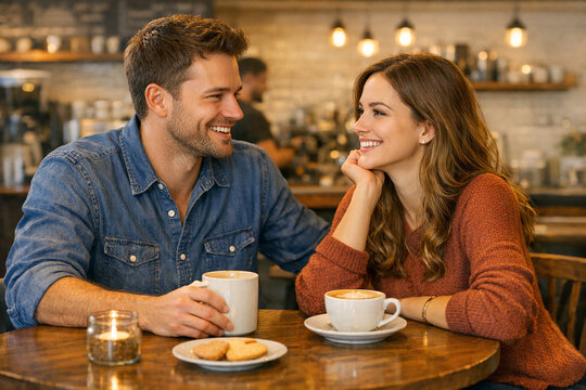 A man and woman smiling together while having coffee