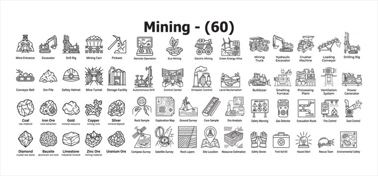 Mining industry equipment and processes illustration comprehensive vector graphic collection