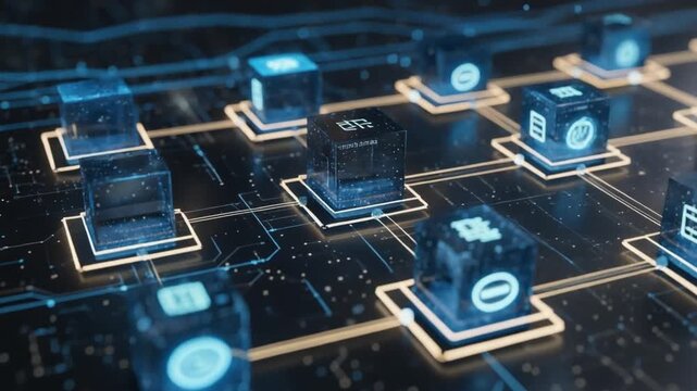 Digital blockchain network with glowing data blocks and secure connections, representing decentralized ledger technology.