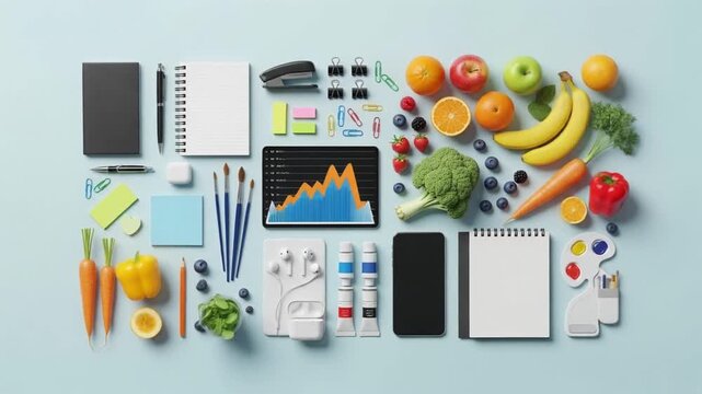 Work-life balance concept: flat lay overhead view of office supplies, creative tools, healthy food, fruits, vegetables, and digital tech.