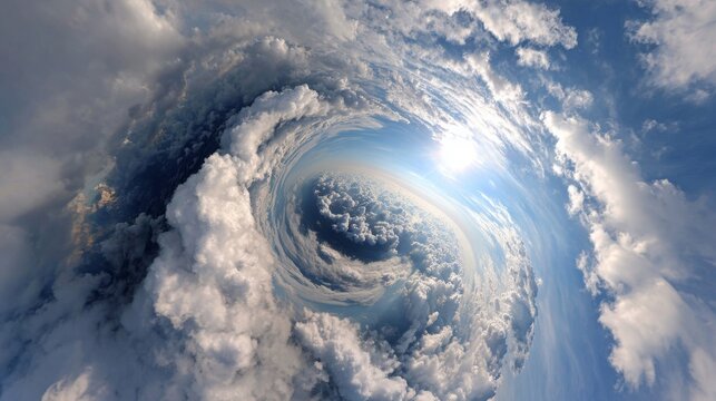 Aerial tiny planet Earth view covered with clouds on sunny day. 