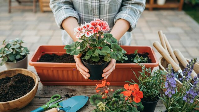 Person transplanting a geranium plant into a garden pot