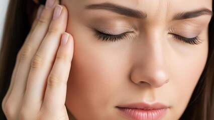 Obraz premium A young woman with her eyes closed, pressing her hand against her temple, experiencing a headache or migraine.