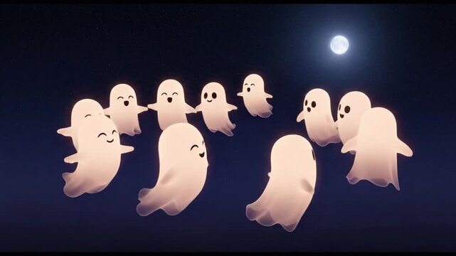 Cute glowing cartoon ghosts dancing in a circle under a bright full moon at night, whimsical Halloween spirits celebrating.