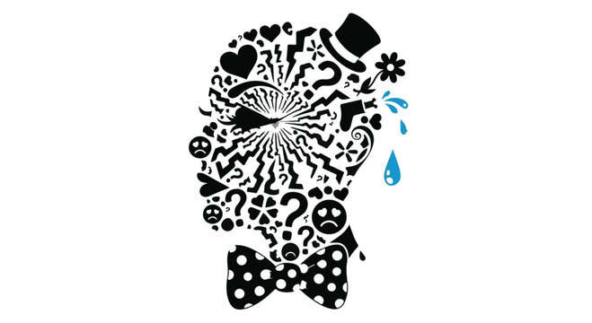 Abstract silhouette of a head filled with chaotic symbols, representing mental overload and emotional turmoil.