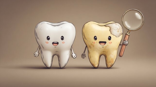 Cartoon healthy and decayed tooth comparison with magnifying glass. 