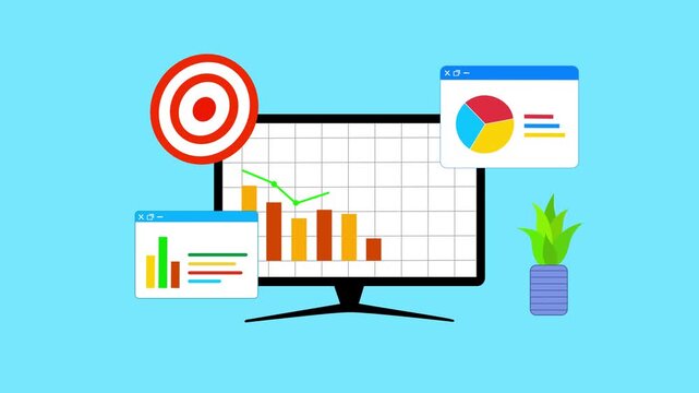 Desktop analytics dashboard with target animated, Flat animation of a desktop monitor showing bar and line charts with floating chart windows