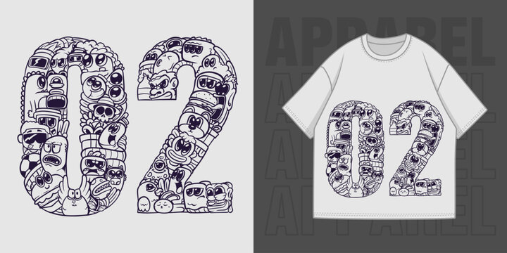 HAND DRAWING DOODLE NUMBER 02 ILLUSTRATION T-SHIRT APPAREL PRINTING DESIGN