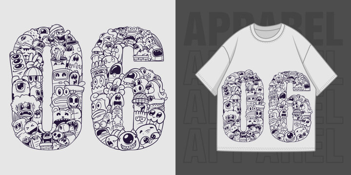 HAND DRAWING DOODLE NUMBER 06 ILLUSTRATION T-SHIRT APPAREL PRINTING DESIGN